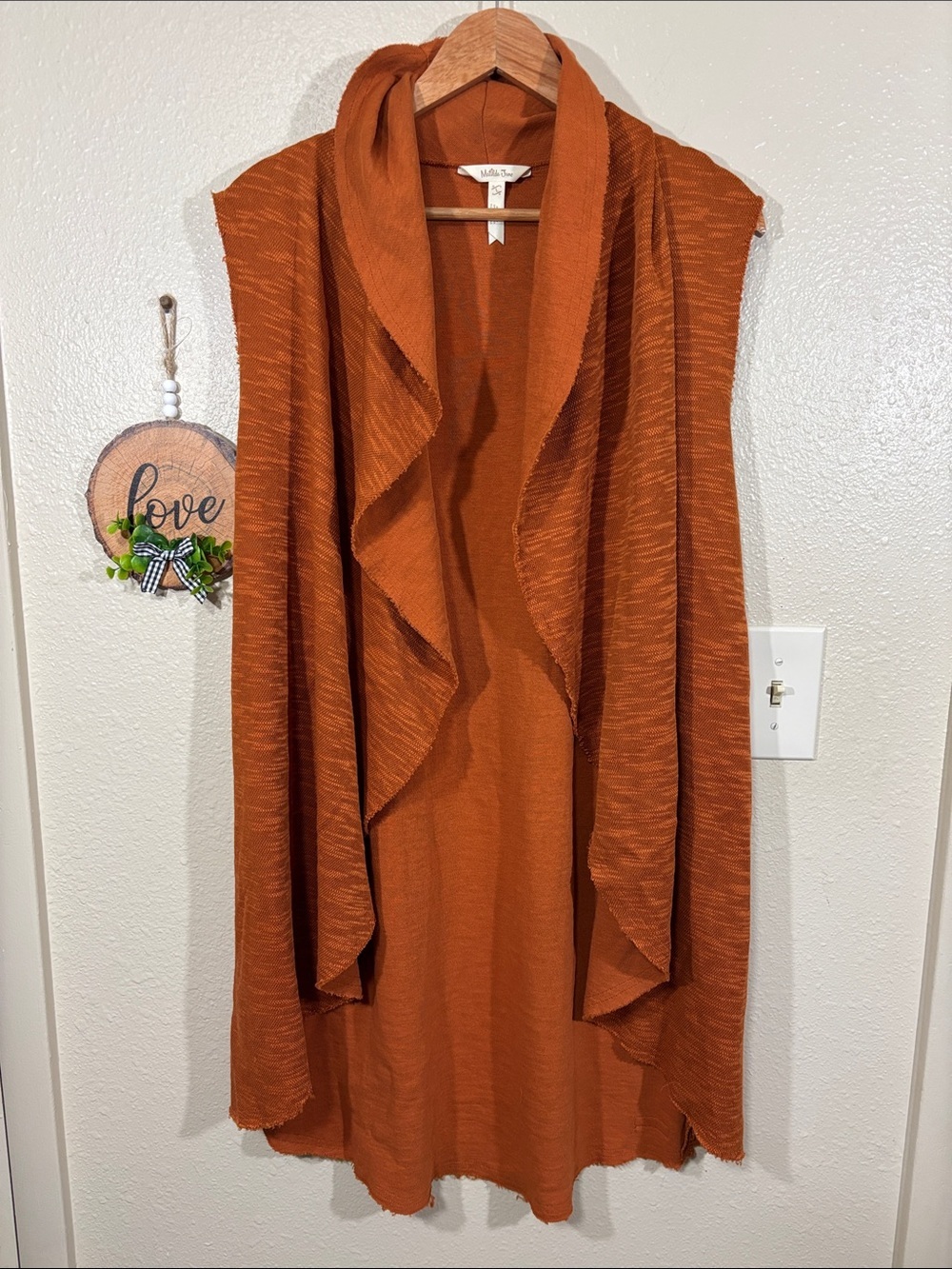 Matilda Jane Burnt Orange Waterfall Open Front Duster Vest Cardigan Size L